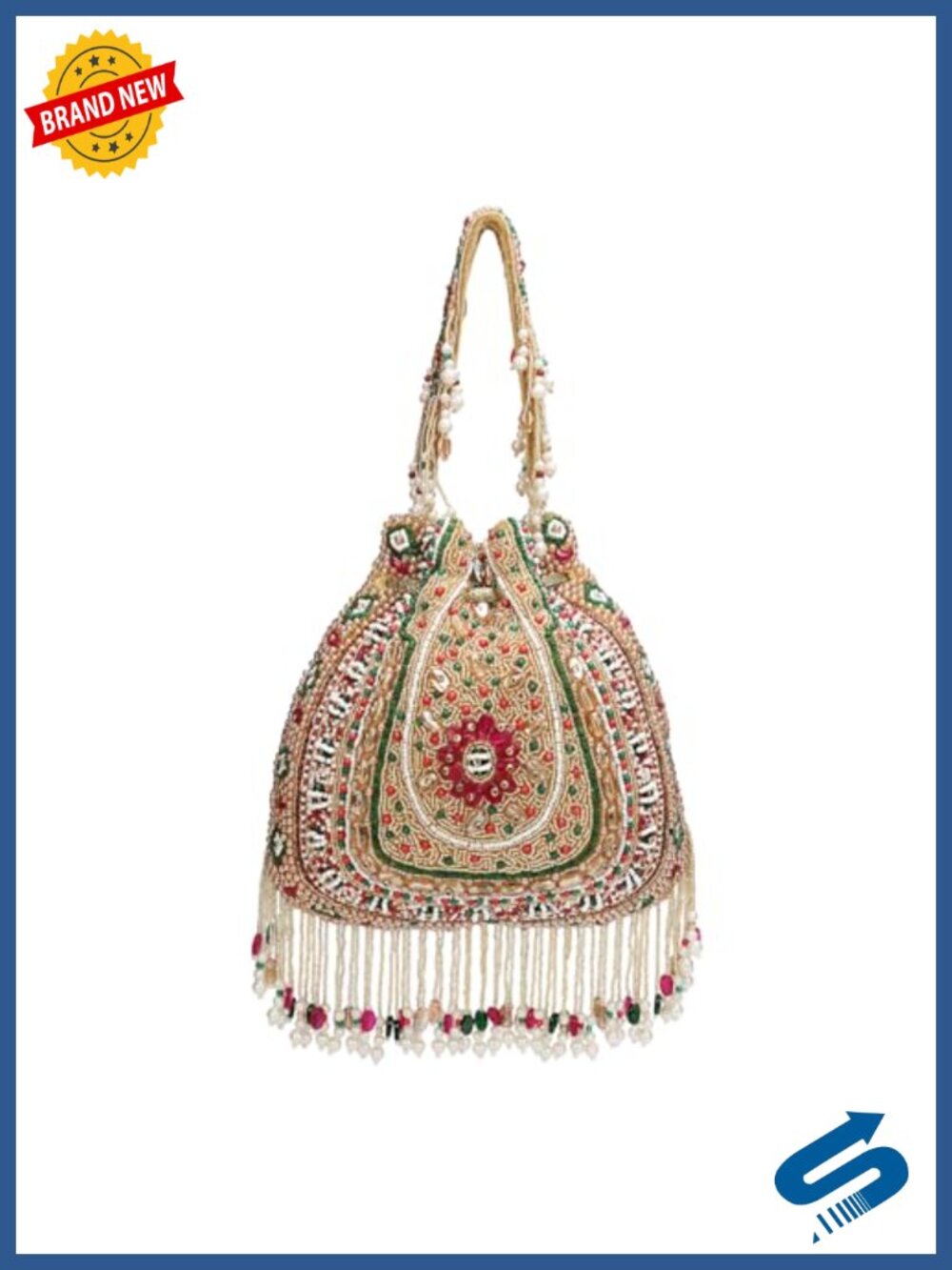 Beaded Potli Bag Drawstring Wristlet with Pearl Fringe Evening Bag 9x9 Inch